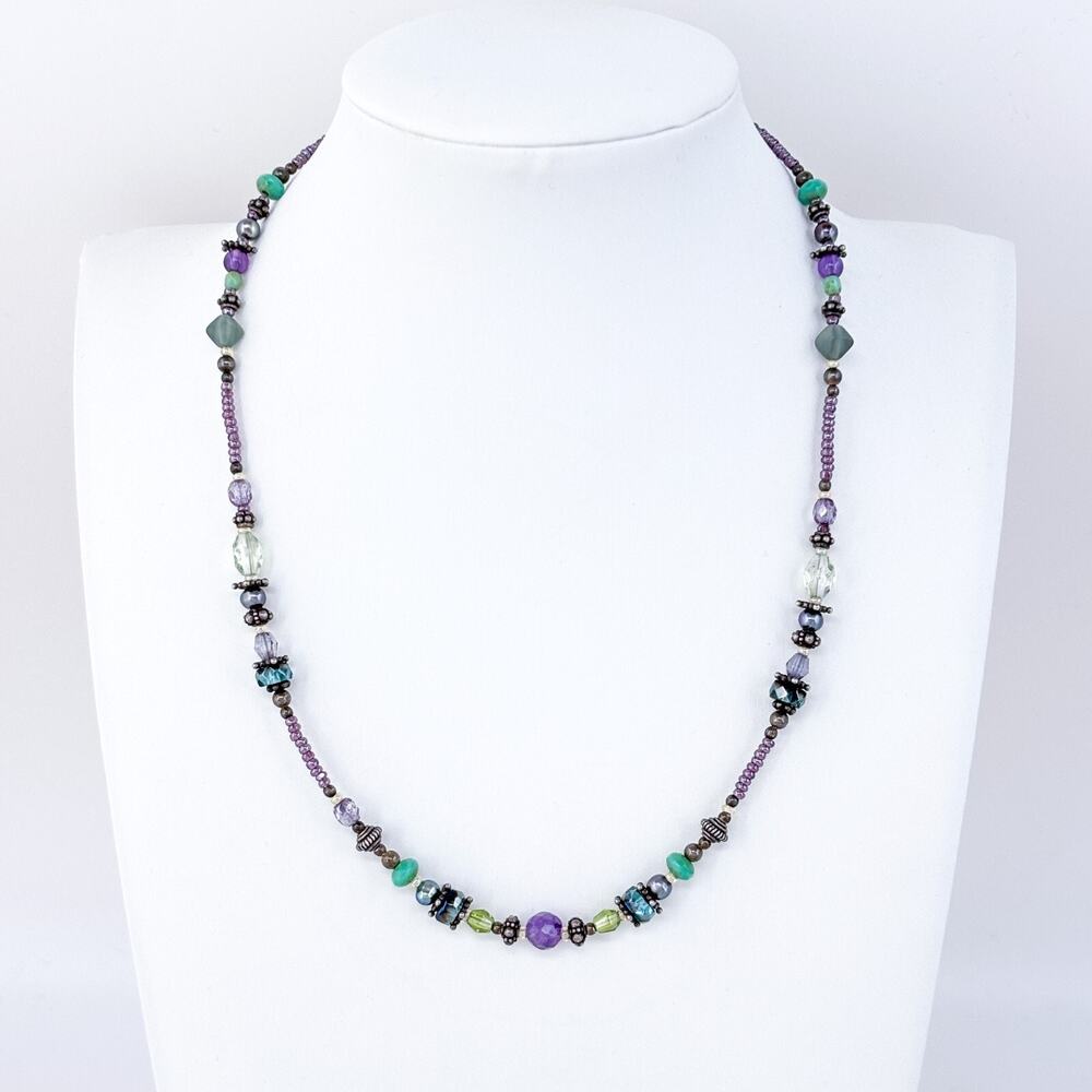 Vintage Sterling Silver 925 Multi-Gemstone Beaded Necklace 16.25"
